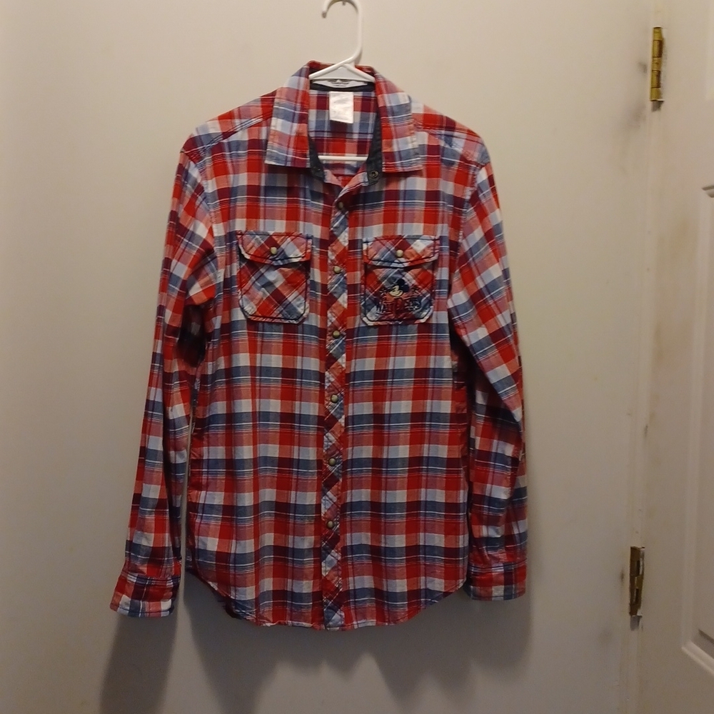 Disney Parks Mens S Graphic Shirt Red Plaid Pearl Snaps Mackey mouse emb… - Picture 1 of 6